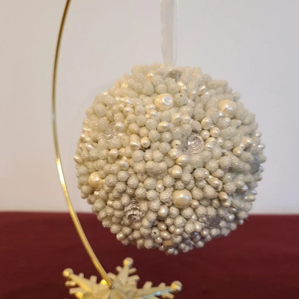 Faux Pearl Ornament Crystal Shimmer Bead Encrusted Oversize With Tulle Ribbon
